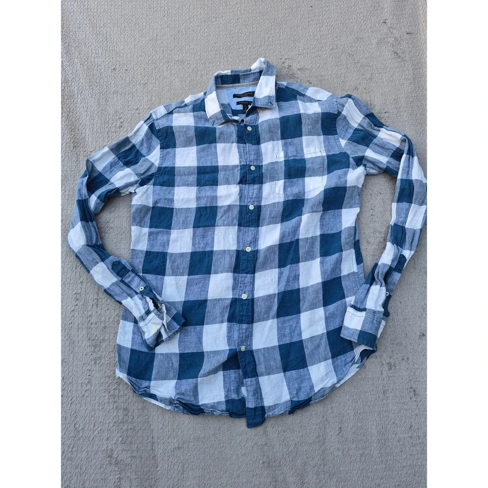 Banana Republic Mens Camden Fit 100% Linen Blue White Buffalo Check Shirt L Tall